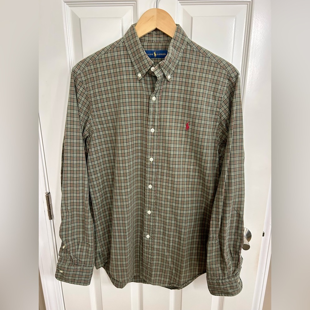 Polo Ralph Lauren Green Red Tan Plaid Casual Button Down Long Sleeve Shirt M